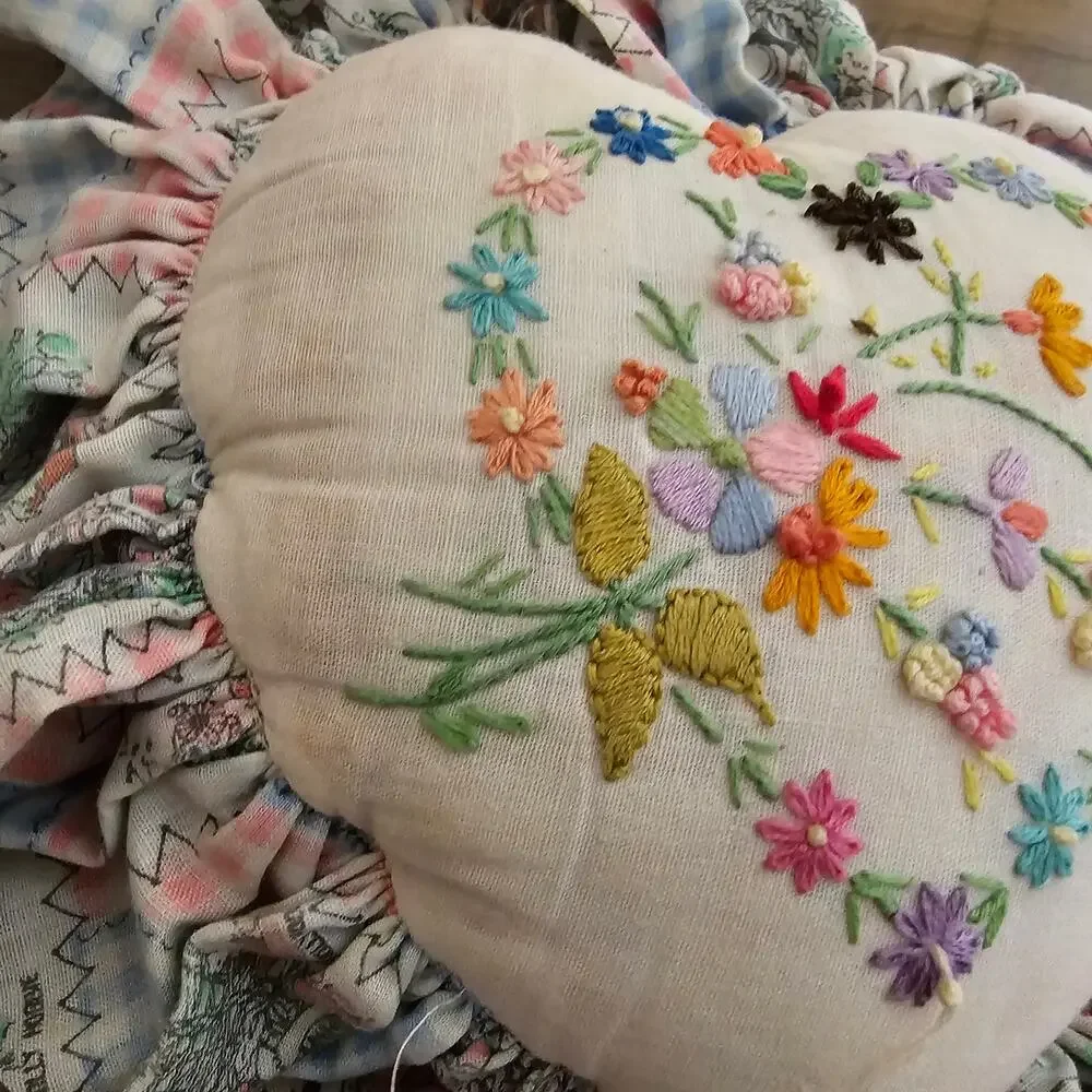 Vintage Floral Needlepoint Heart Patchwork Pillow Pink Cottage Grandmacore Decor